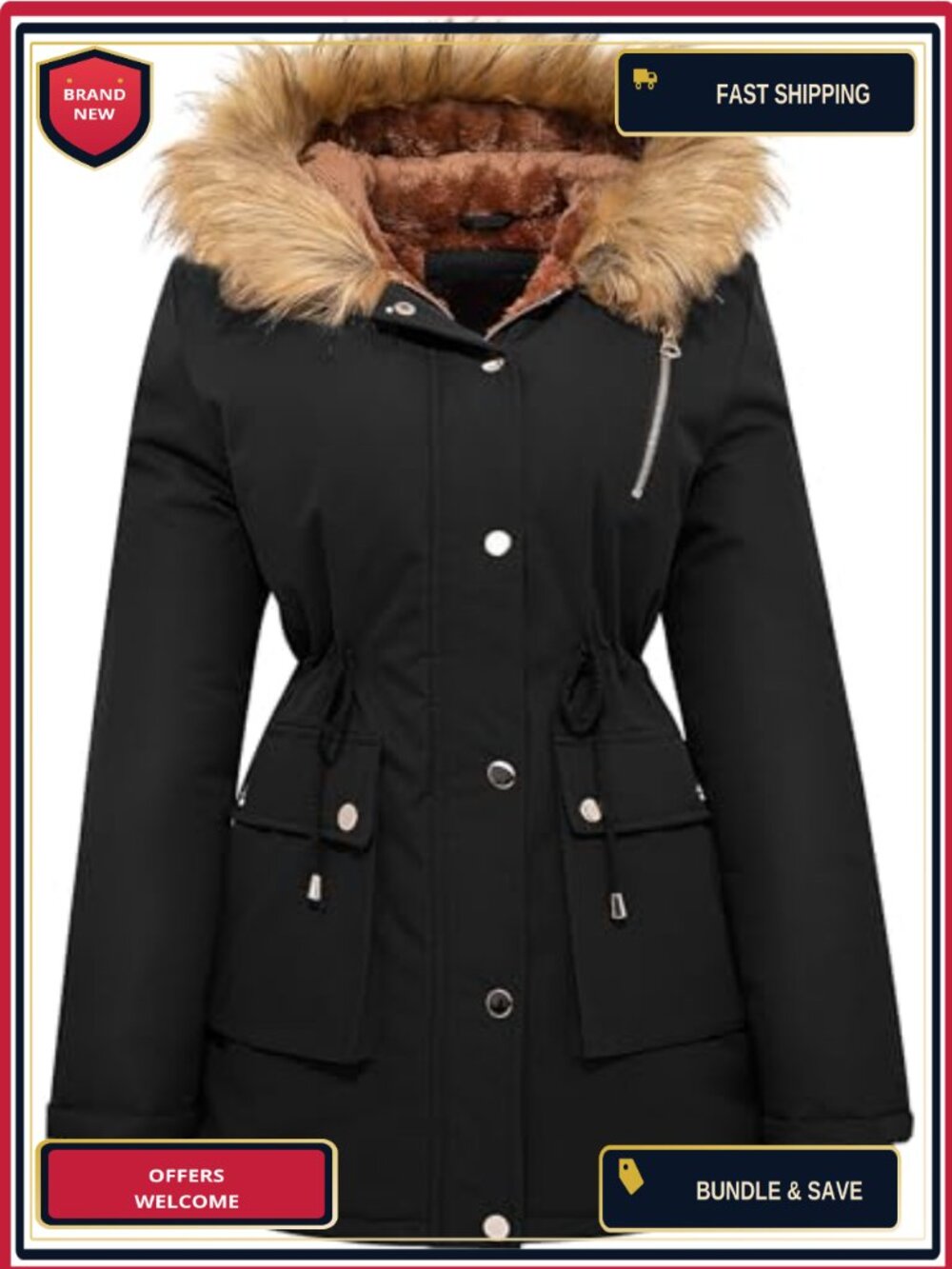 Women Winter Parka Coat Fleece Lined Puffer Jacket Water Repellent Warm Faux